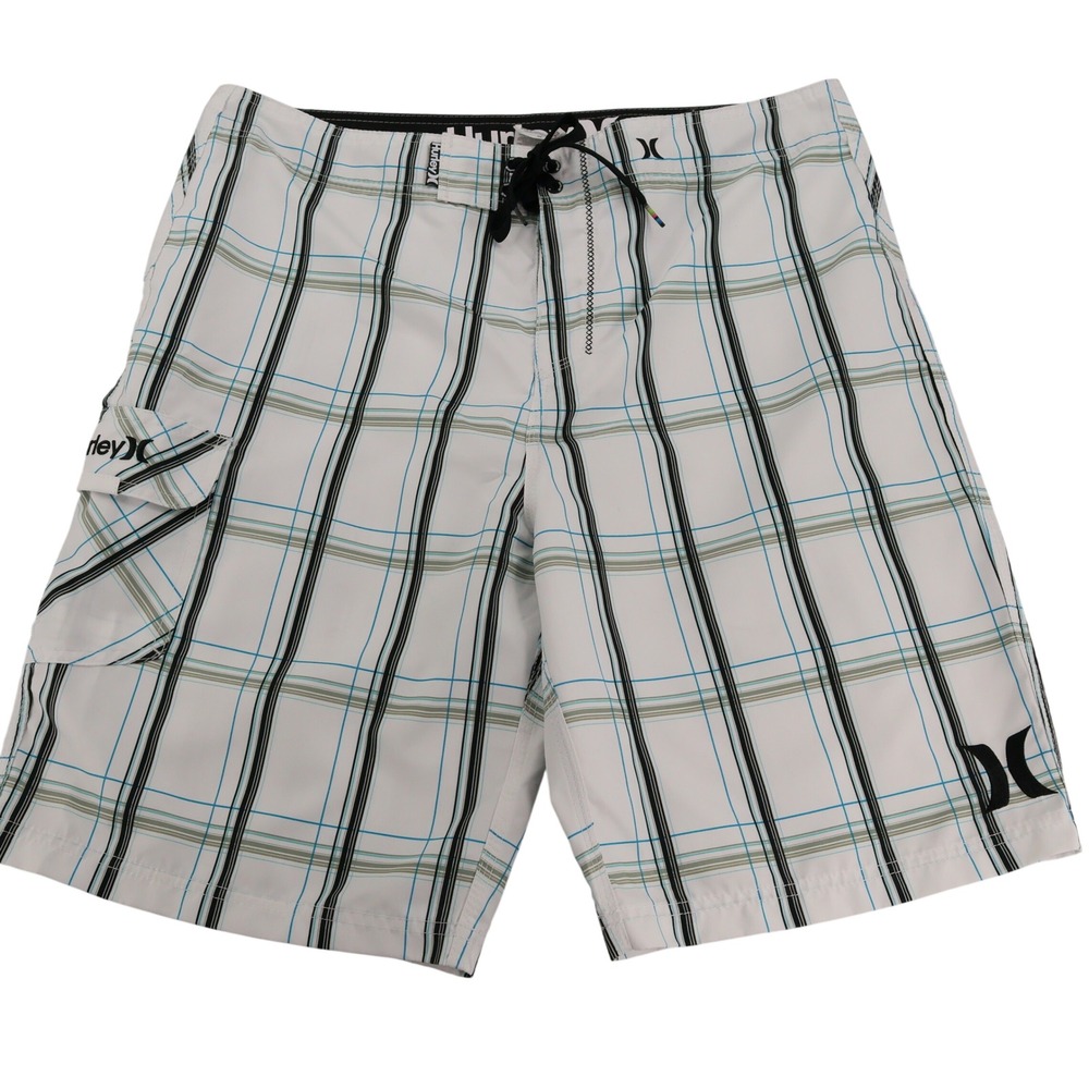 Hurley Mens Plaid Board Shorts White Teal Black Size 36 MBS0000750